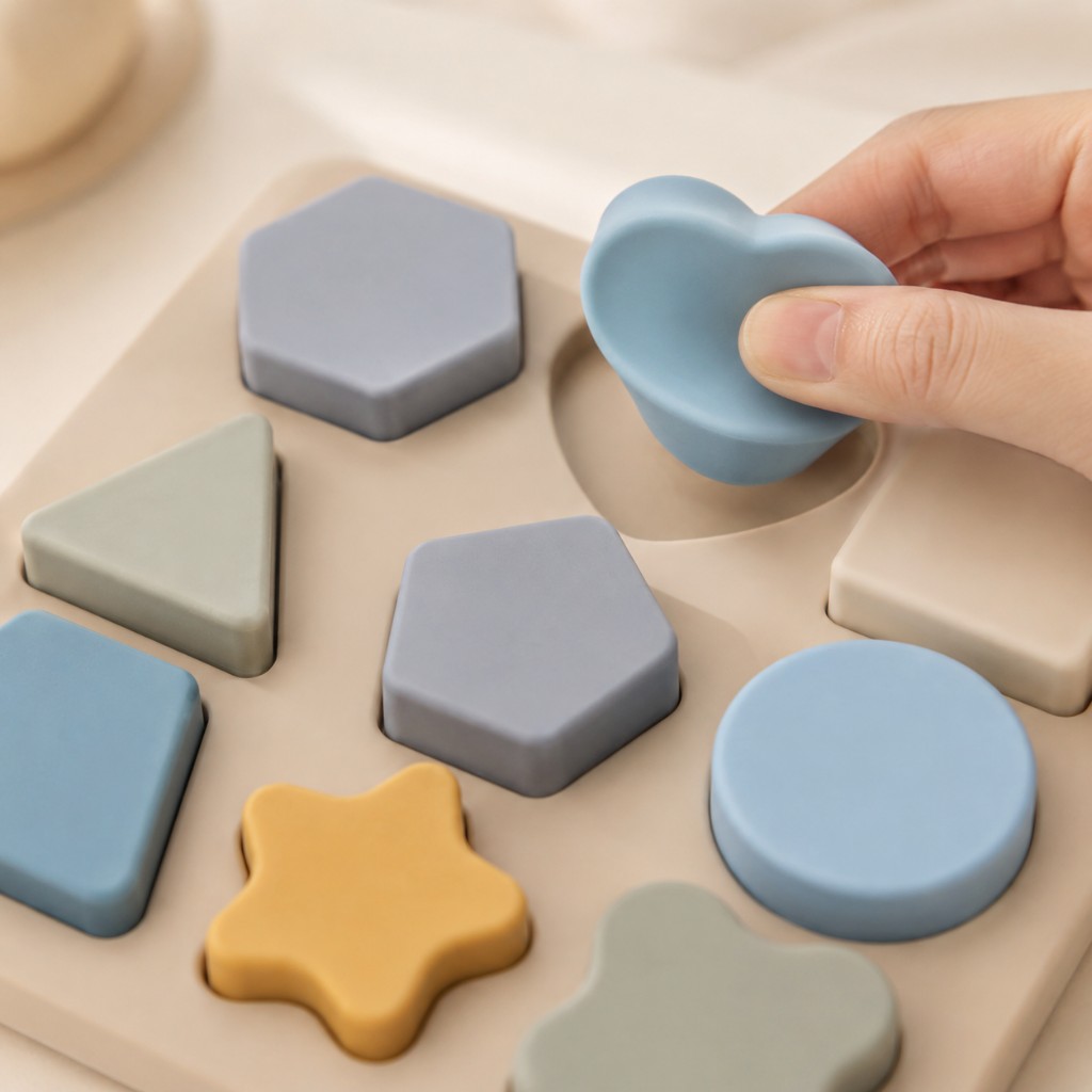 Hand plaatst hartvorm in vormen puzzel